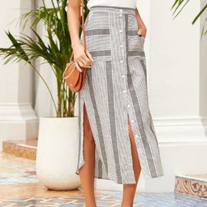 Grey Striped Midi Skirt